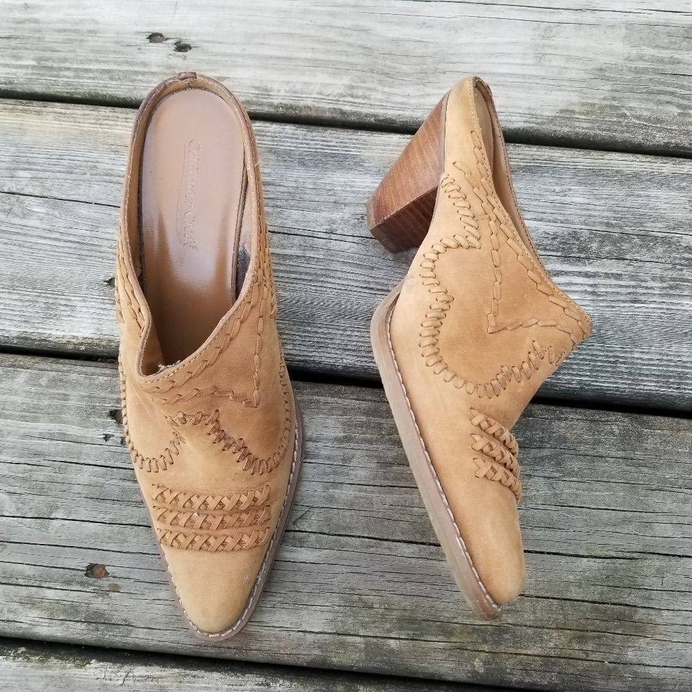 Vintage 90s y2k Camel Tan Suede Boho Western Cowgirl Whipstitch Heeled Mules 6.5
